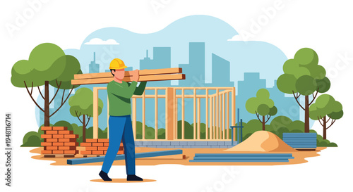 Construction worker carrying wooden planks on shoulder at residential building site wearing safety helmet and vest in modern flat solid color style