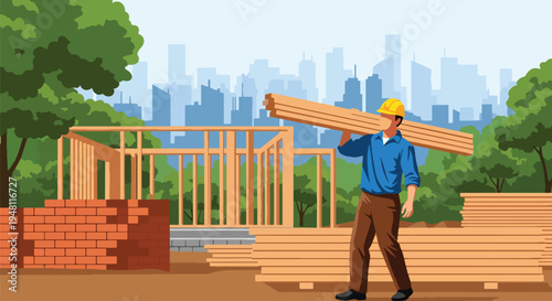 Construction worker carrying wooden planks on shoulder at residential building site wearing safety helmet and vest in modern flat solid color style