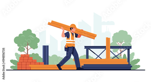 Construction worker carrying wooden planks on shoulder at residential building site wearing safety helmet and vest in modern flat solid color style