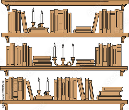 Brown wooden bookshelf with books and candlesticks on white background