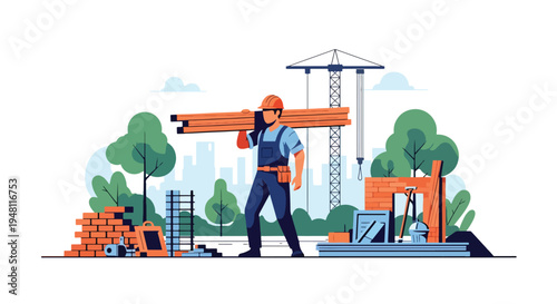 Construction worker carrying wooden planks on shoulder at residential building site wearing safety helmet and vest in modern flat solid color style