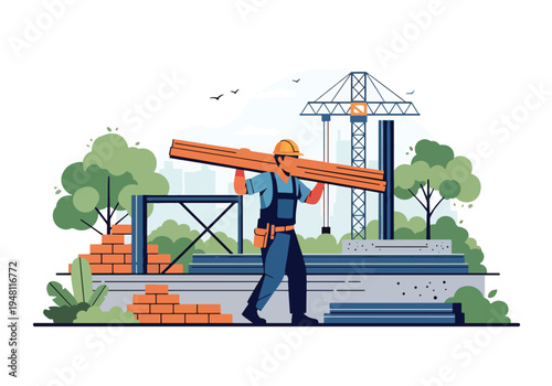 Construction worker carrying wooden planks on shoulder at residential building site wearing safety helmet and vest in modern flat solid color style