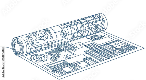 Engineering Blueprint Rolled Out - Technical Drawing with Gears and Schematics