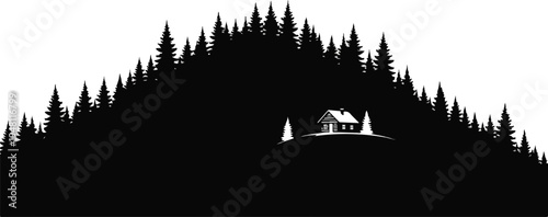 Minimalist Black Silhouette of a Remote Cabin in a Dense Pine Forest Mountain Landscape on White Background
