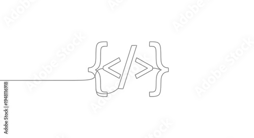 Minimalist code brackets icon, single line drawing, programming concept