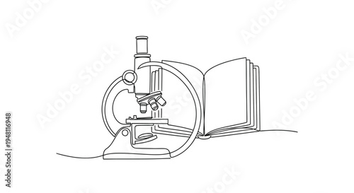 Microscope and Open Book Line Art - Science and Education Concept