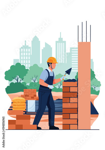 Construction worker laying bricks with trowel and mortar on unfinished wall structure at active building site in modern flat solid color style
