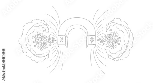 Horseshoe Magnet Attracting Metal Particles, Magnetic Field Lines Illustration