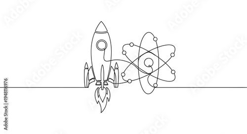 Rocket Launching Next to Atomic Model, Continuous Line Drawing