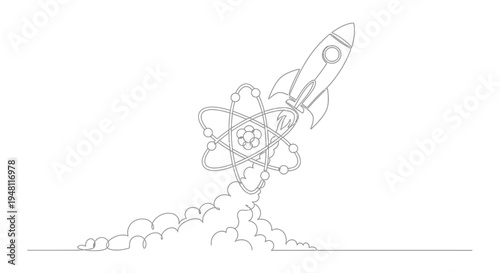 Rocket Launching with Atomic Symbol, Symbolizing Science and Innovation