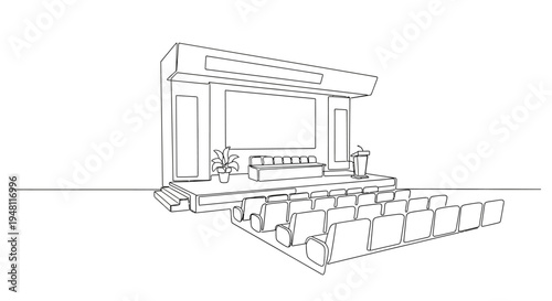 Empty Auditorium Stage with Seats and Projector Screen - Line Art Drawing