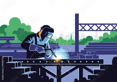 Industrial construction worker welding steel beams with protective mask at active building site in modern flat solid color style