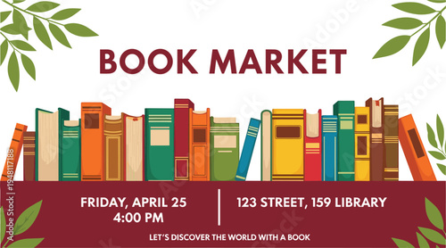 Colorful book market advertisement with books and leaves event