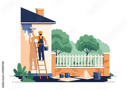 Construction worker using roller and ladder to paint exterior wall of residential building in modern flat solid color style