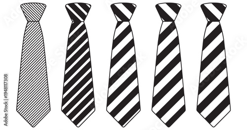 Black and white striped necktie set vector illustration isolated on white background