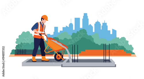 Construction worker pouring concrete into foundation mold using wheelbarrow and shovel at active job site in modern flat solid color style