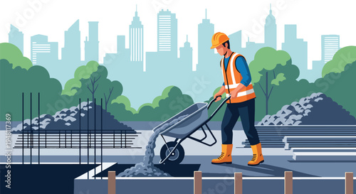 Construction worker pouring concrete into foundation mold using wheelbarrow and shovel at active job site in modern flat solid color style