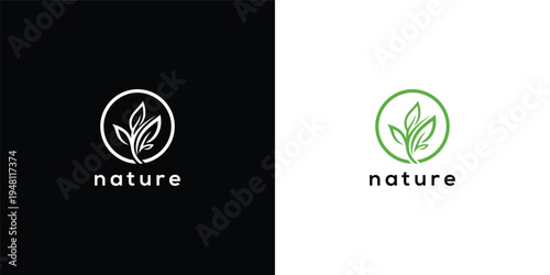 Nature Logo Green Leaf in Circle White  Black Backgrounds.