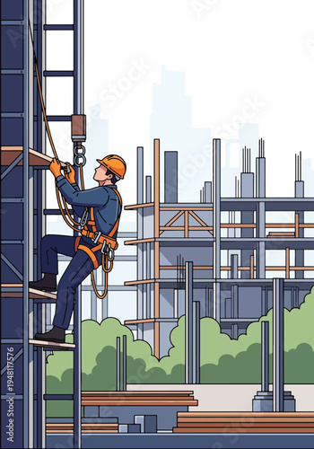 Construction worker climbing scaffolding wearing safety harness at high-rise building site in modern flat solid color style