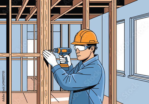 Construction worker operating power drill on wooden frame during interior renovation project in modern flat solid color style