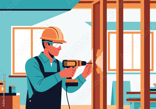 Construction worker operating power drill on wooden frame during interior renovation project in modern flat solid color style
