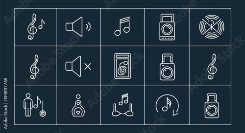 Music icons set on dark background