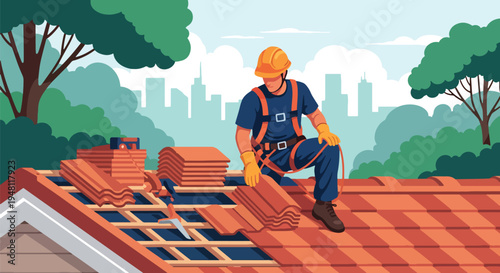 Construction worker installing roof tiles on residential house using ladder and safety equipment in modern flat solid color style