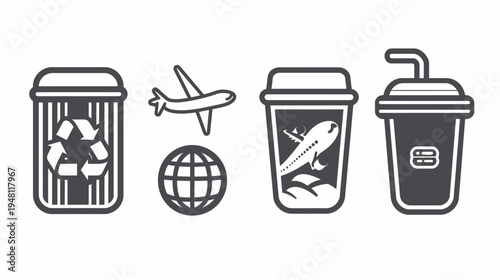 Stylized collection of icons in grayscale, encompassing concepts of travel, recycling, and beverages