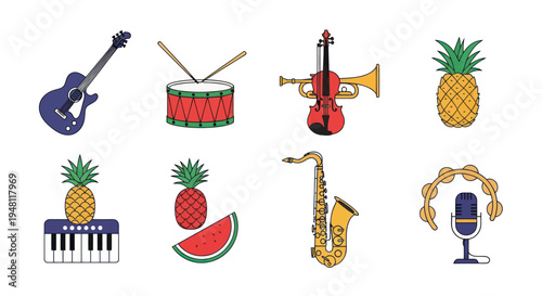 Musical instruments and tropical fruits illustrations