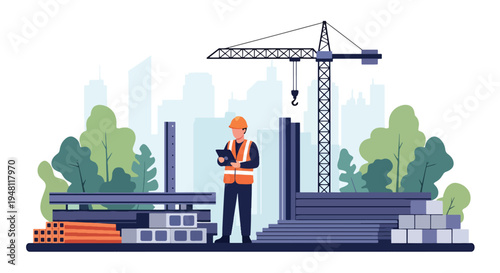 Construction worker checking digital blueprint on tablet device at modern building site in flat solid color style