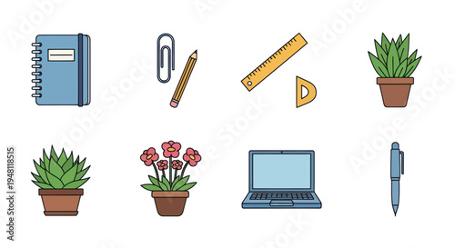 Office supplies and plants illustration