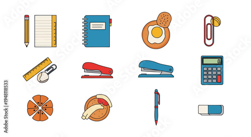 Office supplies and food icons illustration