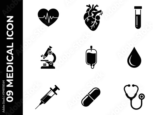 A collection of black medical icons including a heart syringe microscope and other healthcare symbols