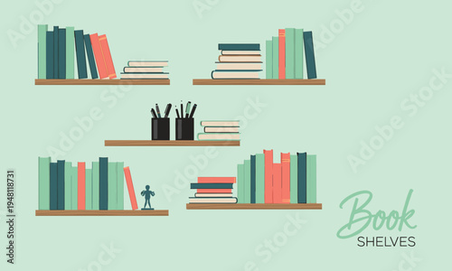 Five brown wooden shelves with books and stationery on a mint green background bookshelves