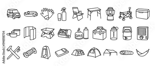 Camping and Outdoor Gear Line Art Icons Collection