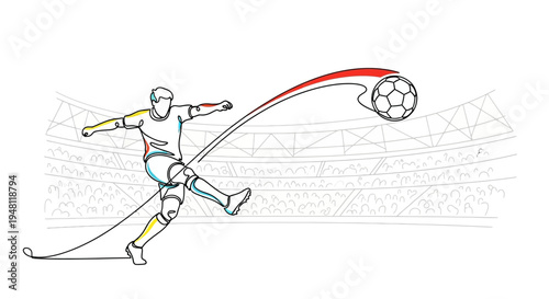 Dynamic line art illustration of a soccer player kicking a football in a stadium, showcasing movement and energy in a minimalist style.