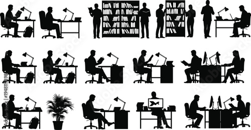 Office workers sitting and standing at desks with computers and lamps