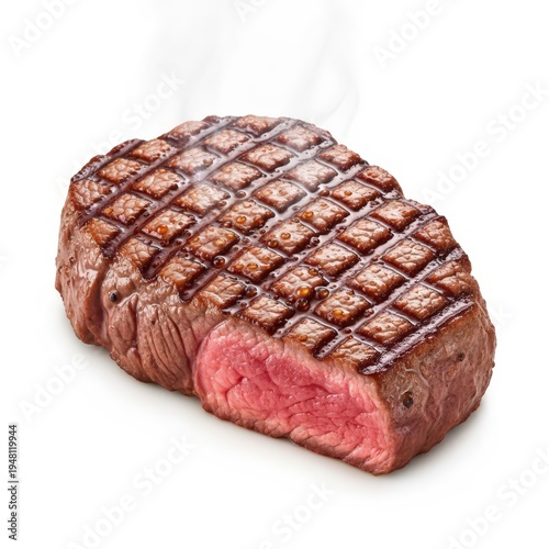 Grilled Steak Medium Rare Steaming with Grill Marks Isolated on White Background