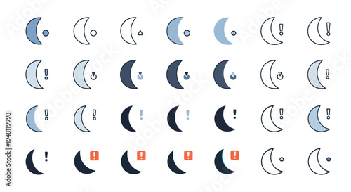 Collection of Crescent Moon Icons with Celestial Symbols and Emoticons.