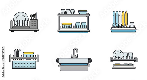 Dish Rack and Sink Collection: Kitchenware Organization Icons.