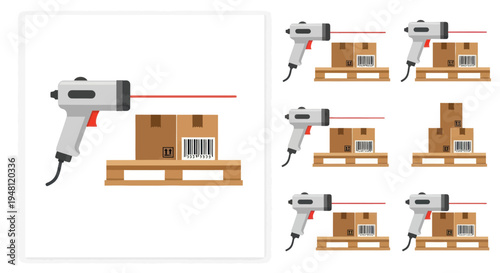 Barcode Scanner Scanning a Cardboard Box on a Wooden Pallet.