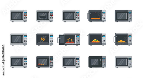 A collection of microwave oven vector illustrations showing different states like open closed and cooking food.