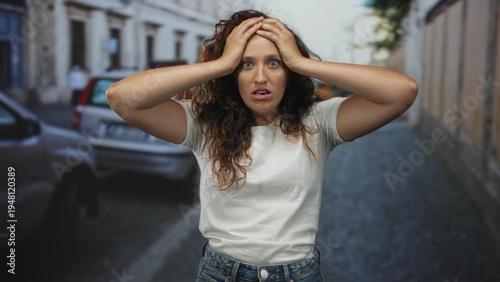 Woman with hands on forehead and mouth open, surprised gaze, standing on narrow city street amid parked cars and cobblestone pavement; shock.