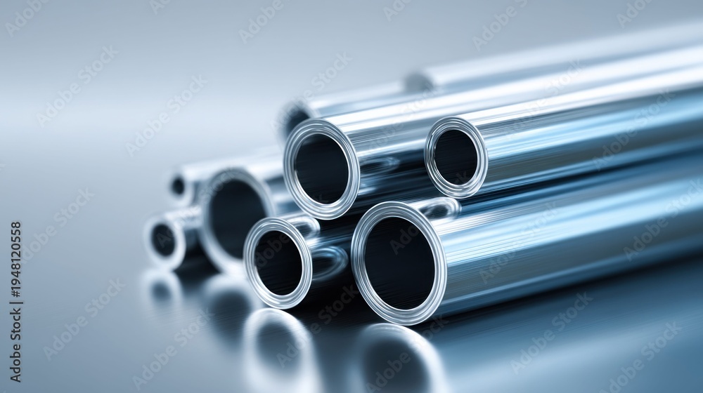 Fototapeta premium Close-up of shiny metallic pipes with a smooth reflective surface and blueish tint