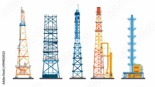A collection of various colorful stylized industrial towers with different structural designs