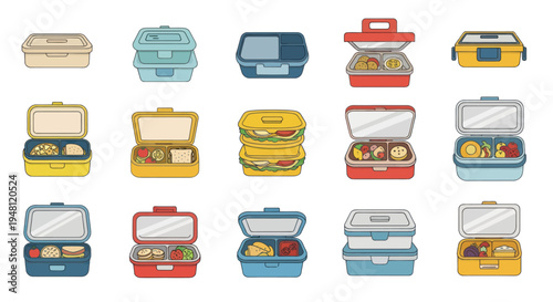 Assortment of colorful and practical lunch boxes filled with food.