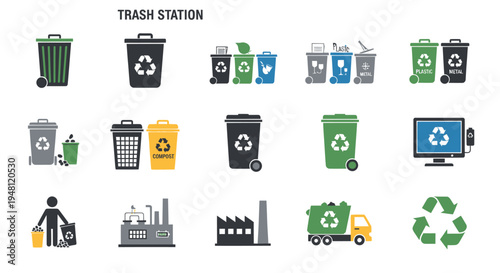 Collection of Recycling Bins and Waste Management Icons Featuring Various Colors and Styles.