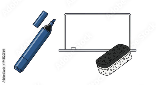 A blue dry-erase marker with its cap off alongside a blank whiteboard and an eraser illustration.