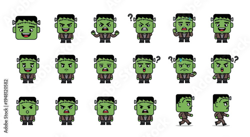 Collection of Cartoon Frankenstein Characters with Various Expressions.