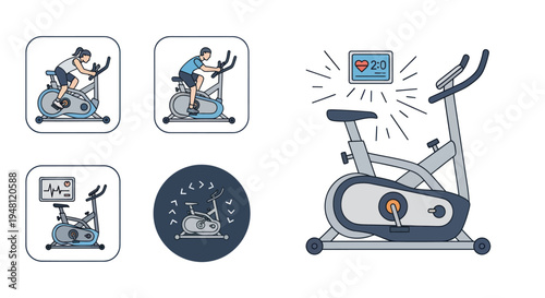 Stationary Exercise Bike with Digital Display and User Icons.